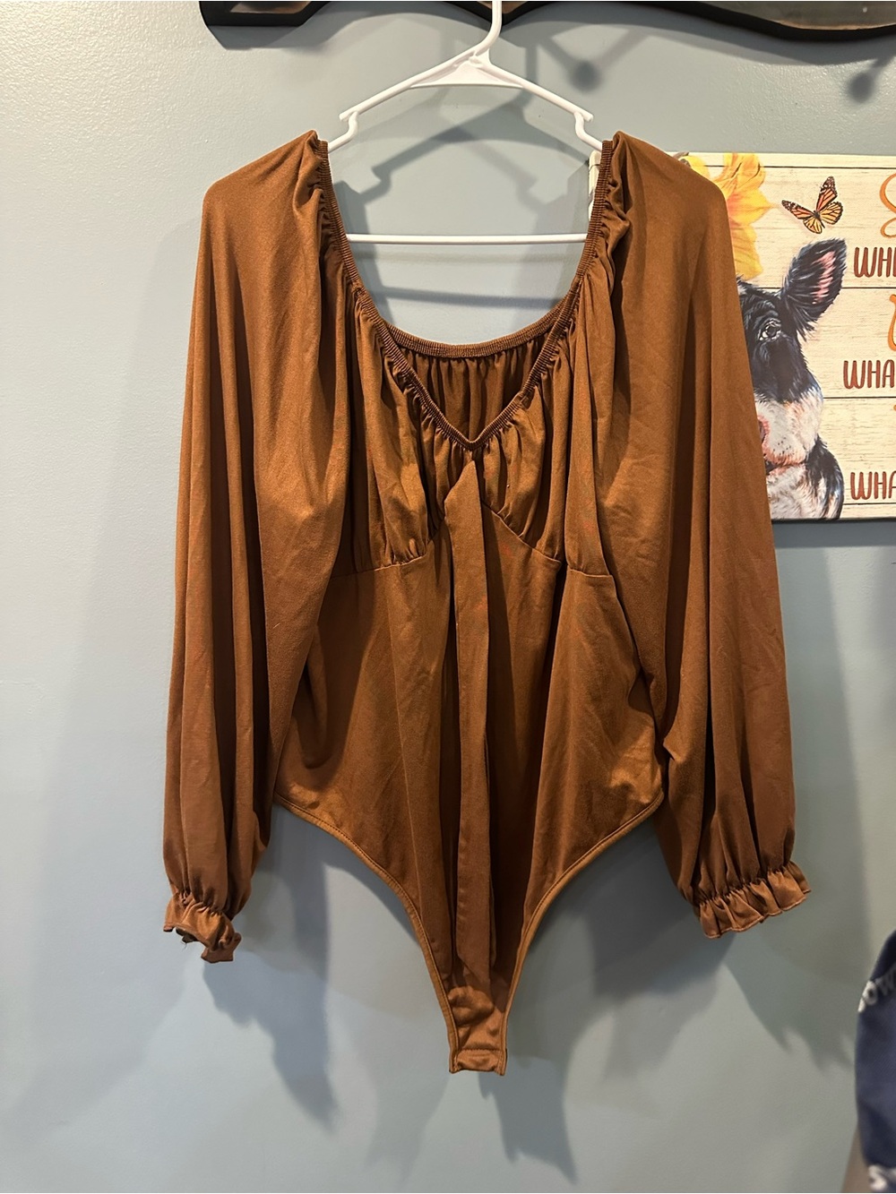 Womens Brown Long-Sleeve Bodysuit Top